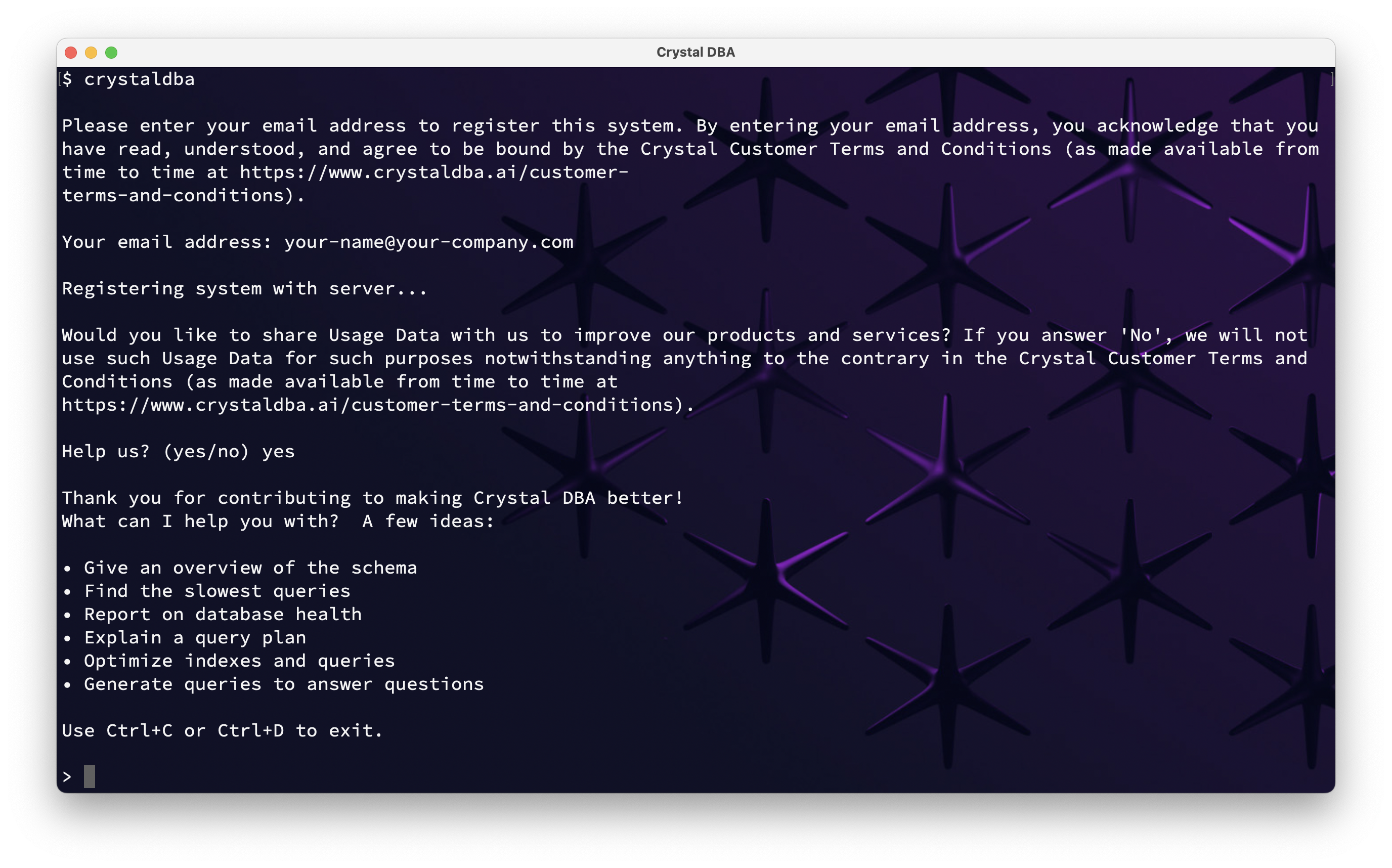 Screenshot of the onboarding questions when first running Crystal DBA.